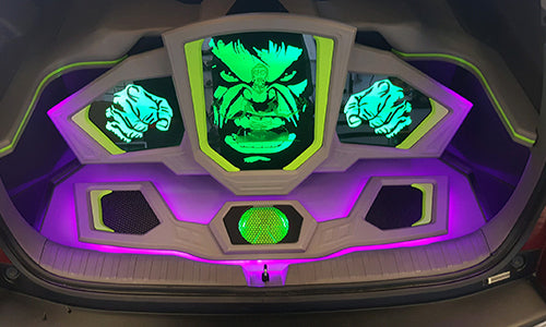 purple light Honda CRV Incredible Hulk Subwoofer Install